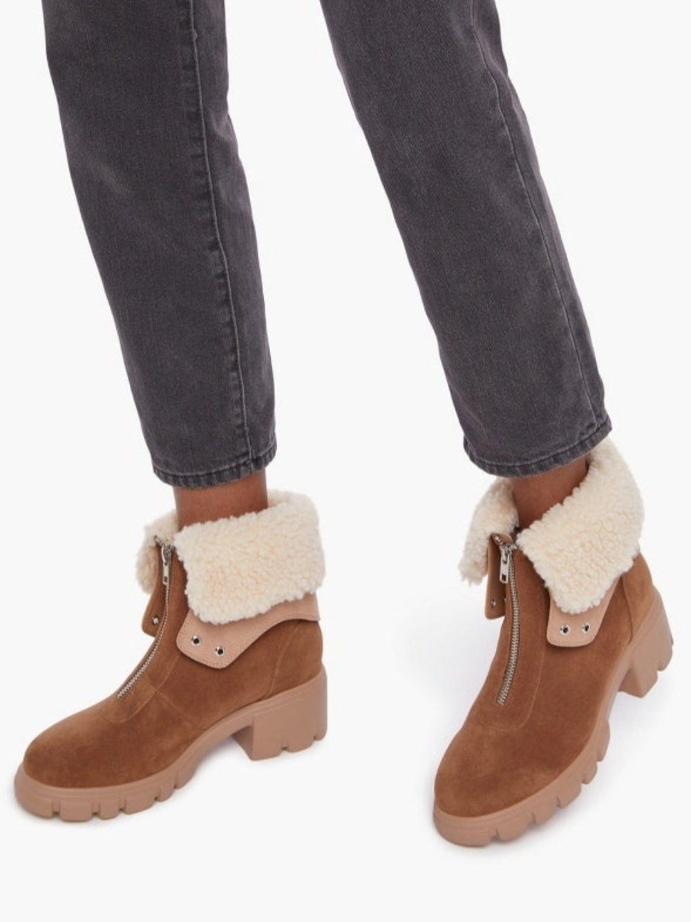 NWT JustFab Tan Betsy Faux Suede Shearling Cuff Lug Sole Ankle Boots, Size 5.5